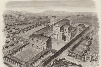 Antiga casa de campo grega em Al-Barah, Síria. Ilustração para Bilder-Atlas (gravura) de German School