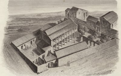 Casas gregas antigas em Moudleja, Síria. Ilustração para Bilder-Atlas (gravura) de German School