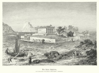 Antigo templo grego de Atena Apaturia na ilha de Sphairia (gravura) de German School