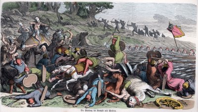 História Antiga. Macedónia. Falange macedónia a combater os persas. ... (gravura) de German School