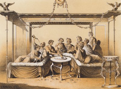 Antigos romanos a saborear uma refeição (litografia a cores) de German School