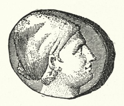 Moeda antiga mostrando a cabeça do poeta grego Antigo Sappho (gravura) de German School