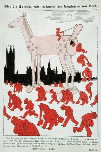 Desenho animado Anti-Bolshevik do Terceiro Reich retratando os bolcheviques a fugir de um cavalo de Tróia para Londres (cor litho) de German School