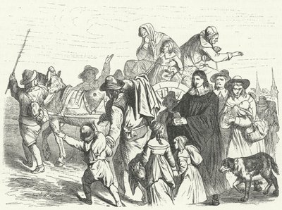 Chegada dos imigrantes franceses Huguenot a Brandenburgo após o Grande Eleitor Frederick William emitir o Édito de Potsdam em 1685 (gravura) de German School