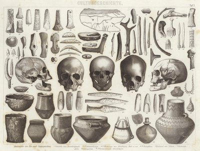 Artefactos da Idade do Gelo e da Pedra. Ilustração para Bilder-Atlas (gravura) de German School