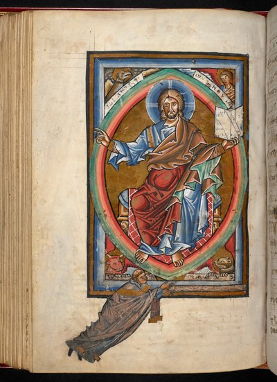 Arundel 156, f.99v, Cristo está entronizado em majestade dentro de uma mandorla, cercado pelos quatro símbolos dos Evangelistas, de 