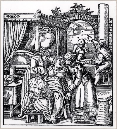 Astrólogos lançando um horóscopo para a criança nascer de uma mulher em uma cadeira de parto, de De Conceptu et Generatione Hominis, de Jacob Rueff, publicada em Frankfurt, 1587 de German School