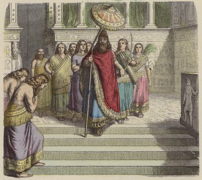 Rei assírio e sua comitiva (gravura colorida) de German School