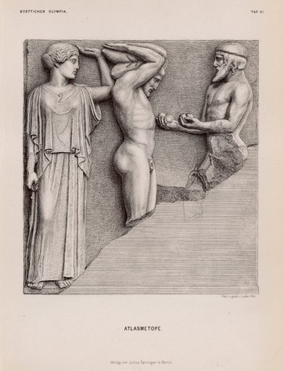 Atlas trazendo Heracles as Maçãs das Hespérides na presença de Atena, metopo do Templo de Zeus, Olímpia, Grécia (gravura) de German School