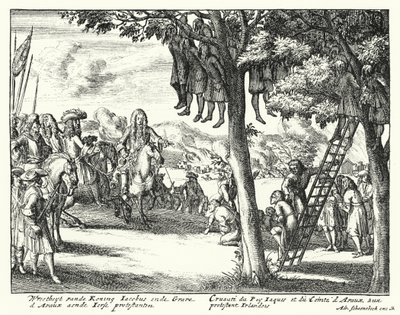 Atrocidades cometidas contra os protestantes irlandeses por James II e pelo conde d "Avaux, 1689 de German School