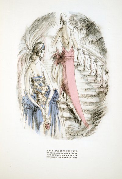 Auf der Treppe, Evening Dresses by Wiener, de Styl, pub.1922 (pochoir print) de German School
