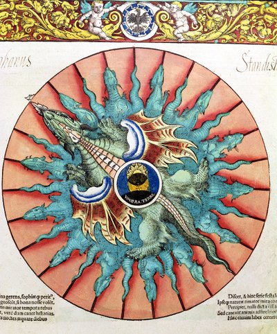 BT1.70.2 Um eclipse do sol, ilustração de Astronomicum Caesareum por Peter Apian (Bennewitz) (1495-1552) bar. em Ingolstadt, 1540 (xilogravura colorida) de German School