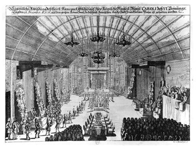 Banquete no Salão Romer em Frankfurt-am-Main, em homenagem à coroação de Carlos VI (1685-1740) em 22 de dezembro de 1711 de German School