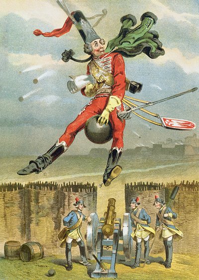 Barão Munchausen voando sobre as linhas inimigas em uma bala de canhão, ilustração de uma edição alemã de The Adventures of Baron Munchausen de German School
