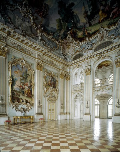 Arte barroca: vista para o Grande Salão. Palácio Nymphenburg do século XVII, Munique Alemanha de German School