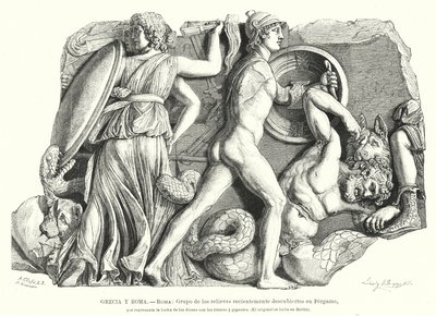 Batalha entre os Deuses e Titãs e gigantes, Antigo alívio grego de Pergamon (litho) de German School
