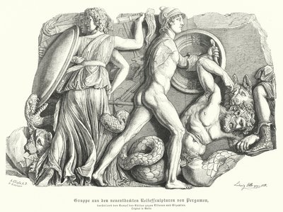 Batalha entre os Deuses e Titãs e gigantes, Antigo relevo grego de Pergamon (gravura) de German School