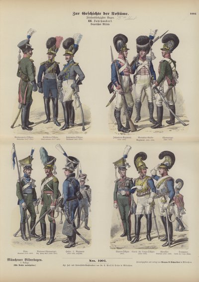 Fardas militares bávaras, início do século XIX (gravura a cores) de German School