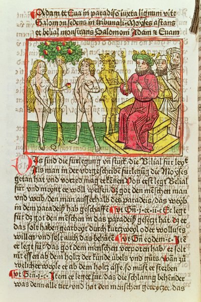 Belial Apresentando Adão e Eva para Salomão, ilustração de uma tradução alemã de Das Buch Belial, 1473 (xilogravura colorida) de German School