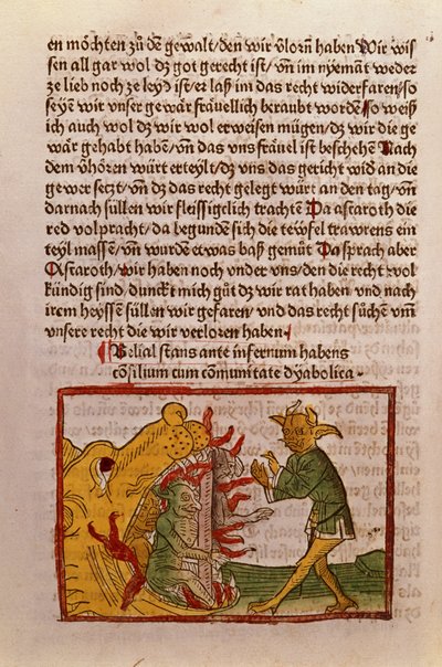 Belial às portas do inferno, ilustração de uma tradução alemã de Das Buch Belial, 1473 (xilogravura colorida) de German School