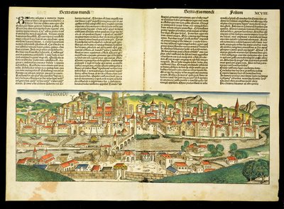 Visão de olho de pássaros de Ratisbona, da Crônica de Nuremberg por Hartmann Schedel (1440-1514) 1493 de German School