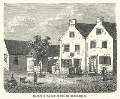 Berço do autor, filósofo e teólogo luterano alemão Johann Gottfried von Herder, Mohrungen (gravura) de German School
