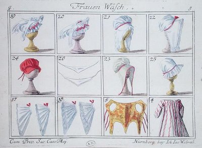 Bonés e espartilhos, de uma série sobre vestuário feminino (caneta e tinta e aguarela sobre papel) de German School
