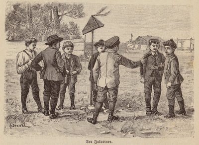 Rapazes a jogar o jogo do boné jacobino (gravura) de German School