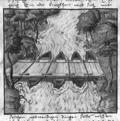 Ponte de barcos, ilustração de LArt de lartillerie por Wolff de Senftenberg, 2ª metade do século XVI de German School