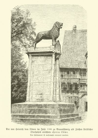 Leão de bronze erguido por Henrique o Leão em Brunswick em 1166 (gravura) de German School