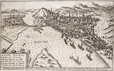 Buda e Peste sitiada pelos cristãos em 1602, ilustração de um livro sobre as campanhas otomanas na Europa, gravado por Paul Furst (c.1605-66) de German School