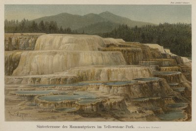 Terraços de sinterização calcários em Mammoth Hot Springs no Parque Nacional de Yellowstone, Wyoming (cor litho) de German School