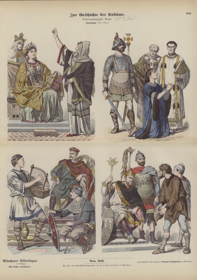Roupas carolíngio-francesas, século VIII (gravura colorida) de German School