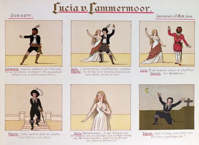 Desenhos animados tirando sarro da ópera Lucia di Lammermoor por Donizetti (cor litho de German School