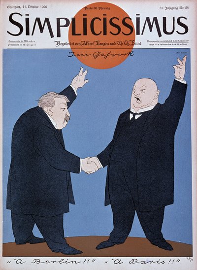 Desenho animado sobre a aproximação franco-alemã: Briand e Stresemann - em "Simplicissimus" de 11/10/1926 (gravura) de German School
