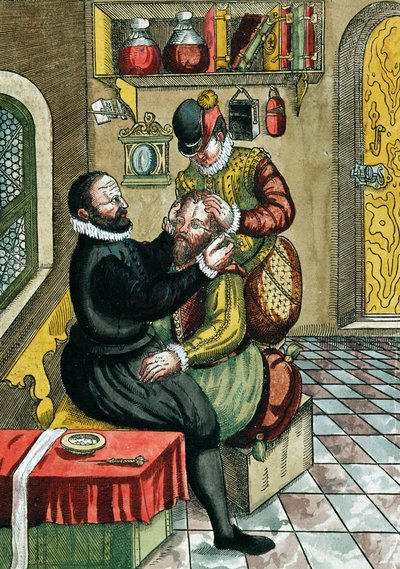 Cataract Operation, de Ophthalmodouleia por Georg Bartisch (1535-1636), publicado em Dresden em 1583 (impressão em xilogravura a cores) de German School