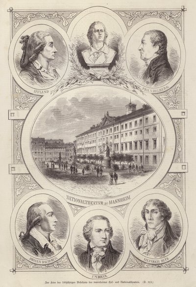 Centenário do Tribunal e Teatros Nacionais, Mannheim, Alemanha (gravura) de German School