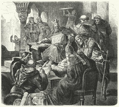 Charlemagne consultando estudiosos e clérigos (gravura) de German School