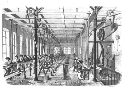 Trabalhadores infantis na fábrica de papel em Aschaffenburg, Alemanha, 1858 de German School