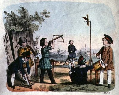 Crianças disparando um alvo com um arquebuse, c.1860 (gravação a cores) de German School