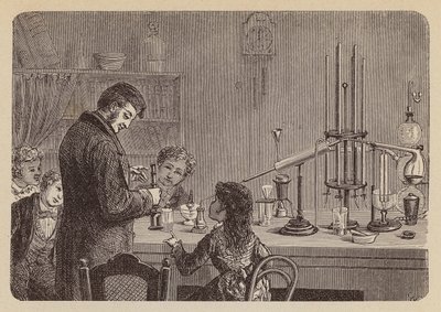 Crianças a observar uma experiência científica (gravura) de German School