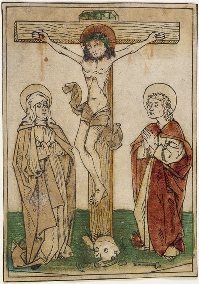 Cristo na cruz com Maria e São João, c.1470-80 (xilogravura colorida à mão em pergaminho) de German School