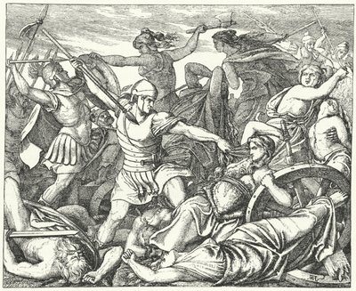 Mulheres cimbrianas defendendo seu trem de bagagem contra o ataque aos soldados romanos, no final do século II d.C. (gravura) de German School