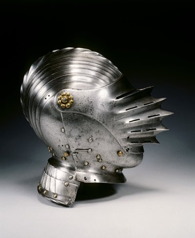 Capacete fechado no estilo Maximiliano, c.1520 (aço e latão) de German School
