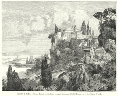 Litoral da Baía de Nápoles da antiga cidade romana de Baiae, Cabo Miseno, com o Vesúvio à distância (litho) de German School