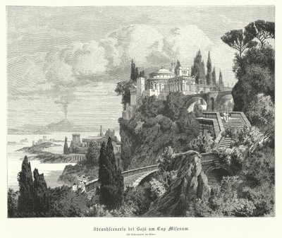 Litoral da Baía de Nápoles da antiga cidade romana de Baiae, Cabo Miseno, com o Vesúvio ao longe (gravura) de German School