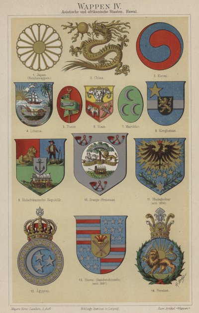 Escudos de armas do Havaí e de países da Ásia e África (cor litho) de German School