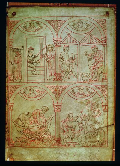Codex 507 fol.2r Weaver, Sapateiro, Pescadores e Caçador, de Renner Musterbuch, c.1208-18 de German School