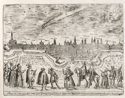 Cometa visto sobre Augsburg no final de novembro de 1618, pub. 1618. de German School