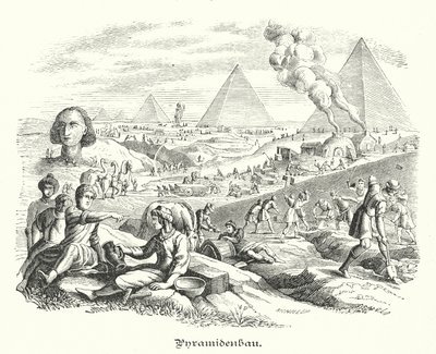 Construção das Pirâmides, Egipto antigo (gravura) de German School